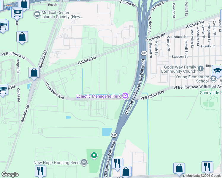 map of restaurants, bars, coffee shops, grocery stores, and more near 2823 Bellfort Street in Houston