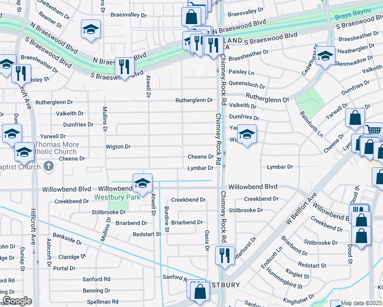 map of restaurants, bars, coffee shops, grocery stores, and more near 5447 Cheena Drive in Houston