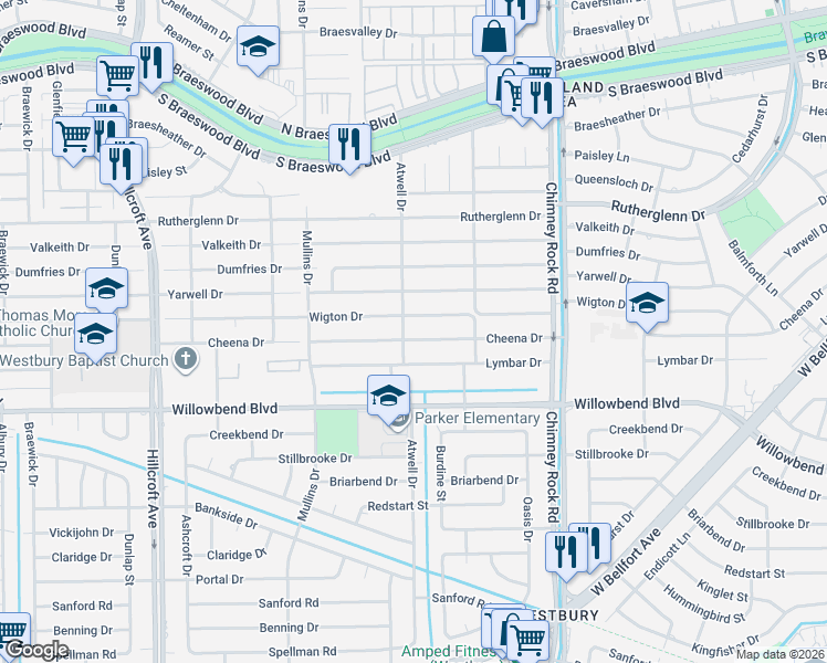 map of restaurants, bars, coffee shops, grocery stores, and more near 5543 Cheena Drive in Houston