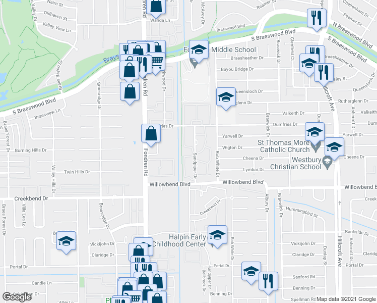 map of restaurants, bars, coffee shops, grocery stores, and more near 6782 Sandpiper Drive in Houston