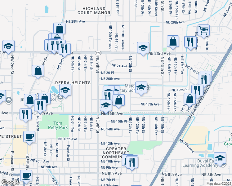 map of restaurants, bars, coffee shops, grocery stores, and more near 1901 Northeast 9th Street in Gainesville
