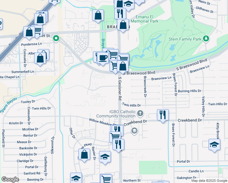 map of restaurants, bars, coffee shops, grocery stores, and more near 10100 South Gessner Road in Houston