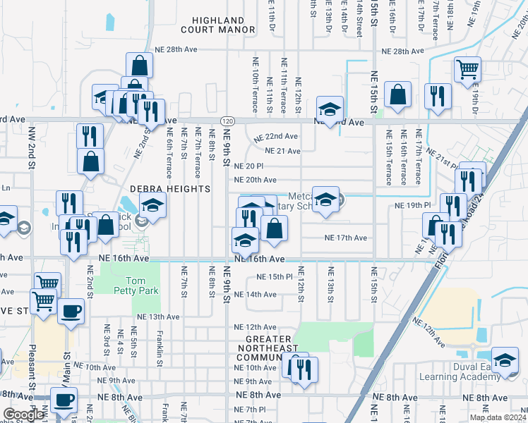 map of restaurants, bars, coffee shops, grocery stores, and more near 1901 Northeast 9th Street in Gainesville
