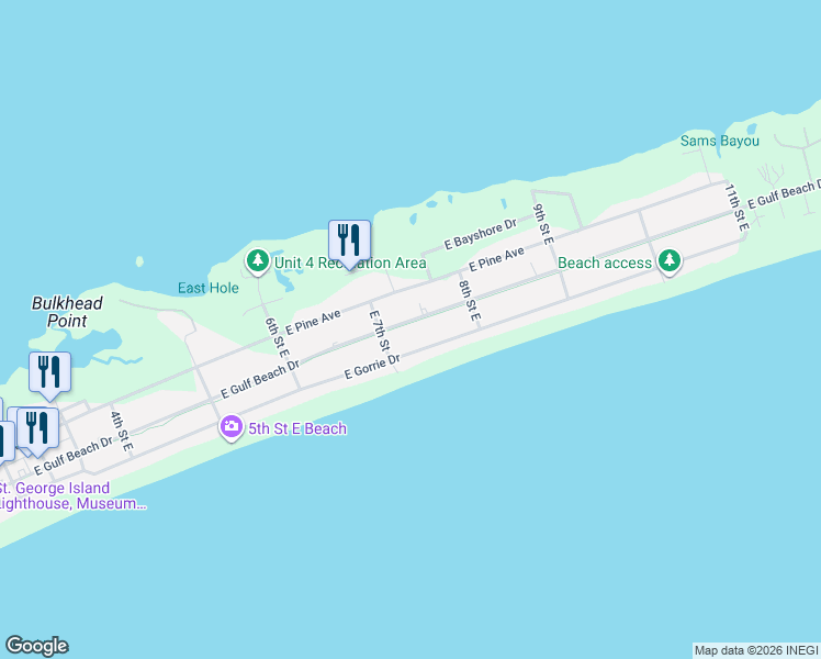 map of restaurants, bars, coffee shops, grocery stores, and more near 717 Gorrie Drive East in Saint George Island