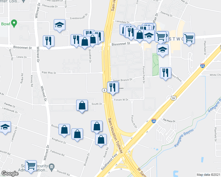 map of restaurants, bars, coffee shops, grocery stores, and more near South Sam Houston Pkwy W & Wicklow in Houston