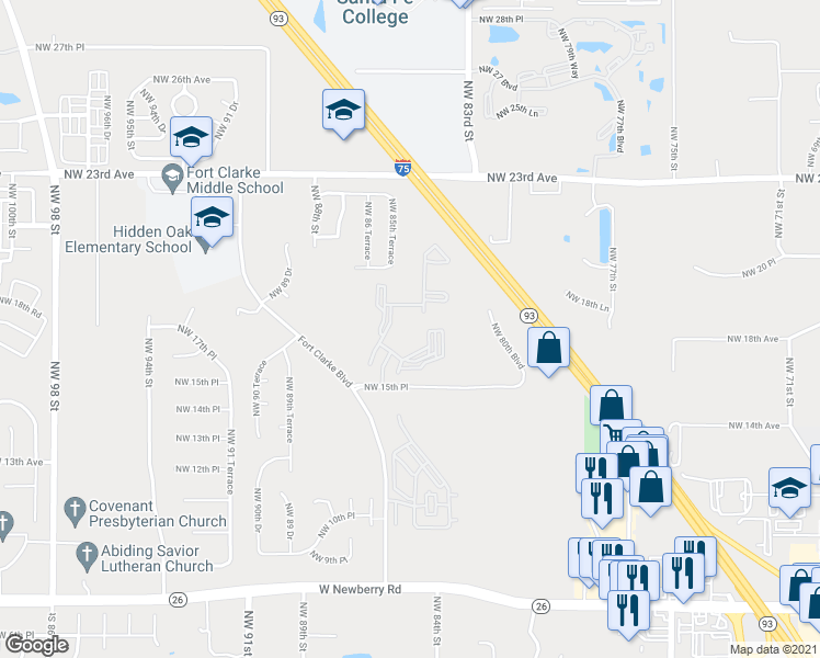 map of restaurants, bars, coffee shops, grocery stores, and more near 1505 Fort Clarke Boulevard in Gainesville