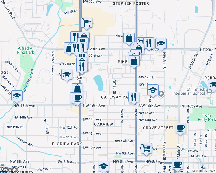 map of restaurants, bars, coffee shops, grocery stores, and more near 1800 Northwest 10th Street in Gainesville