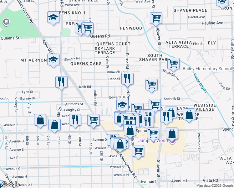 map of restaurants, bars, coffee shops, grocery stores, and more near 1306 Edward Drive in South Houston