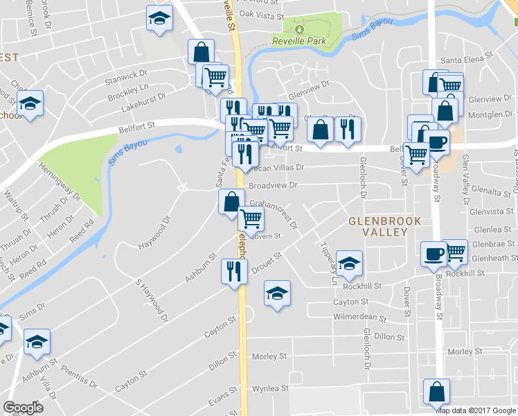 map of restaurants, bars, coffee shops, grocery stores, and more near 115 Covern Street in Houston