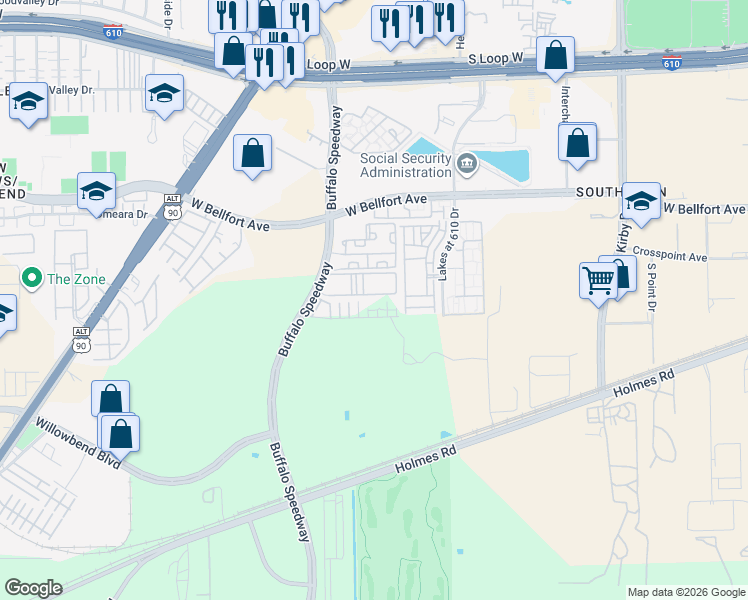 map of restaurants, bars, coffee shops, grocery stores, and more near 9144 Harbor Hills Drive in Houston