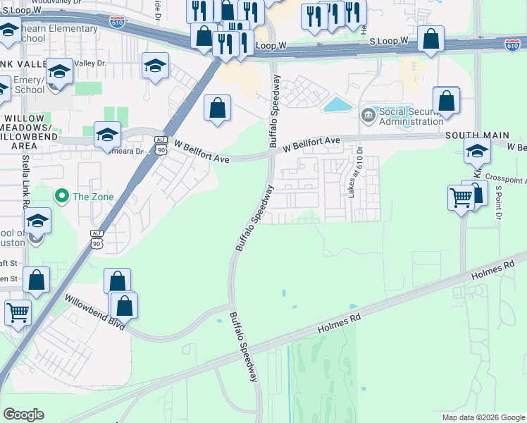 map of restaurants, bars, coffee shops, grocery stores, and more near 2818i Grand Fountains Drive in Houston
