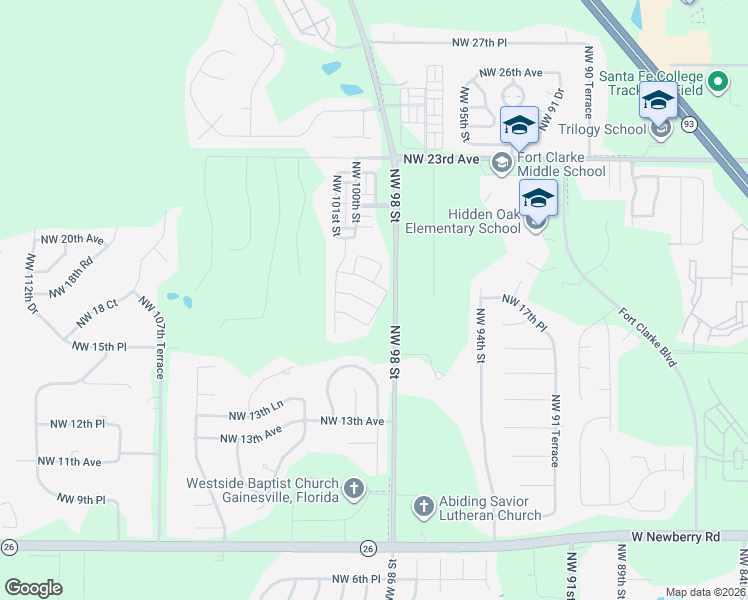 map of restaurants, bars, coffee shops, grocery stores, and more near 9813 Northwest 17th Road in Gainesville