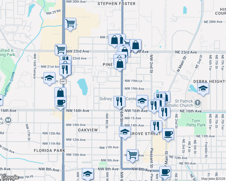 map of restaurants, bars, coffee shops, grocery stores, and more near 1804 Northwest 7 Street in Gainesville