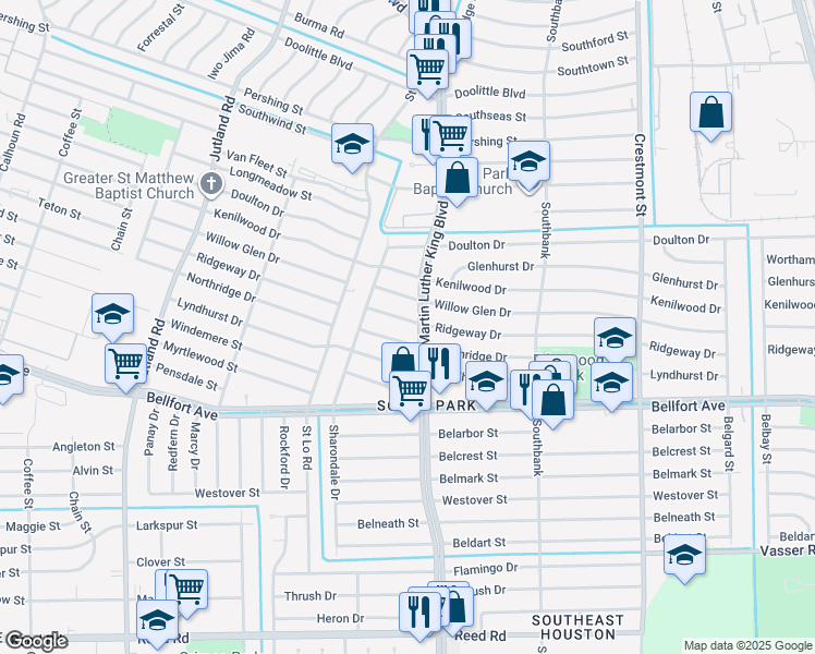 map of restaurants, bars, coffee shops, grocery stores, and more near 5626 Northridge Drive in Houston