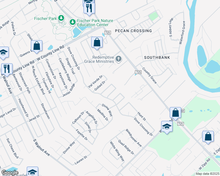 map of restaurants, bars, coffee shops, grocery stores, and more near 239 Rock Springs Drive in New Braunfels