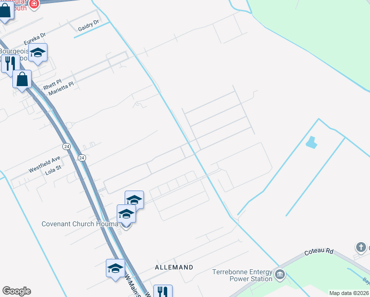 map of restaurants, bars, coffee shops, grocery stores, and more near 401 Sugar Land St in Houma