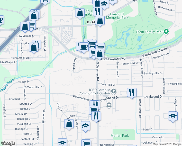 map of restaurants, bars, coffee shops, grocery stores, and more near 10100 South Gessner Road in Houston