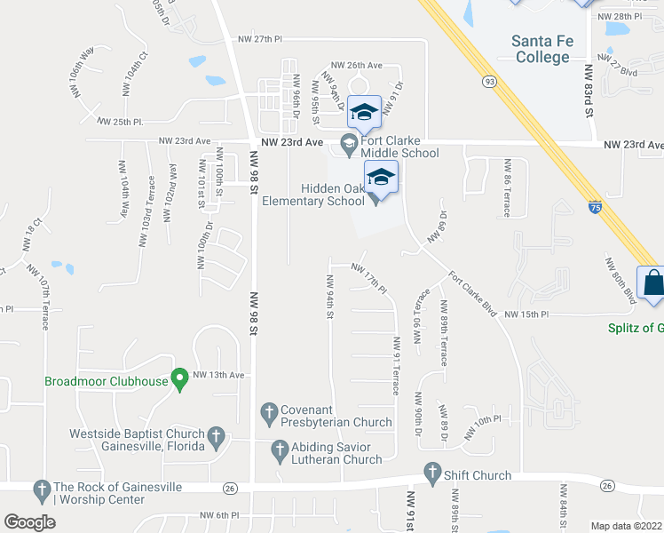 map of restaurants, bars, coffee shops, grocery stores, and more near 9813 Northwest 17th Place in Gainesville