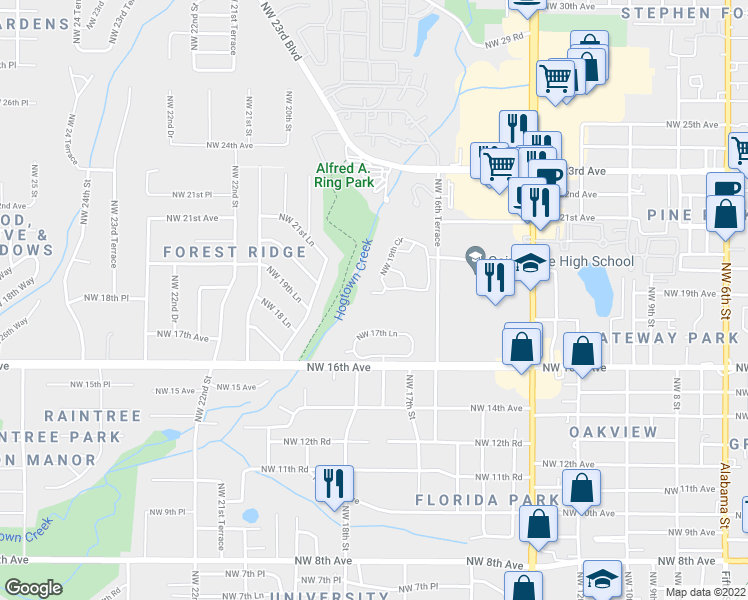 map of restaurants, bars, coffee shops, grocery stores, and more near 1722 Northwest 17th Lane in Gainesville
