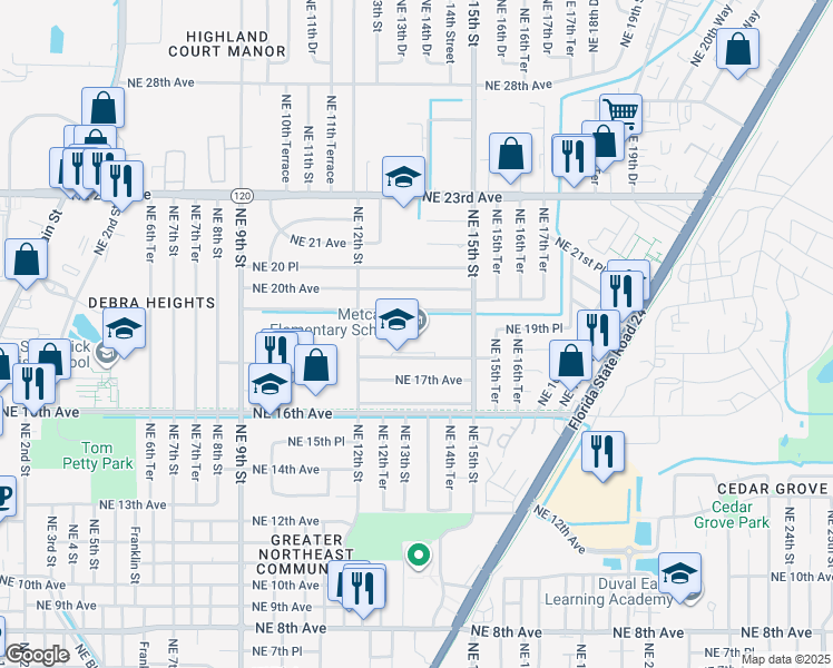 map of restaurants, bars, coffee shops, grocery stores, and more near 1250 Northeast 18th Avenue in Gainesville
