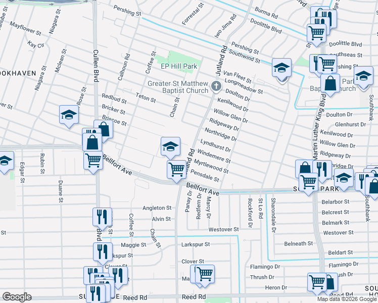 map of restaurants, bars, coffee shops, grocery stores, and more near 5106 Myrtlewood Street in Houston