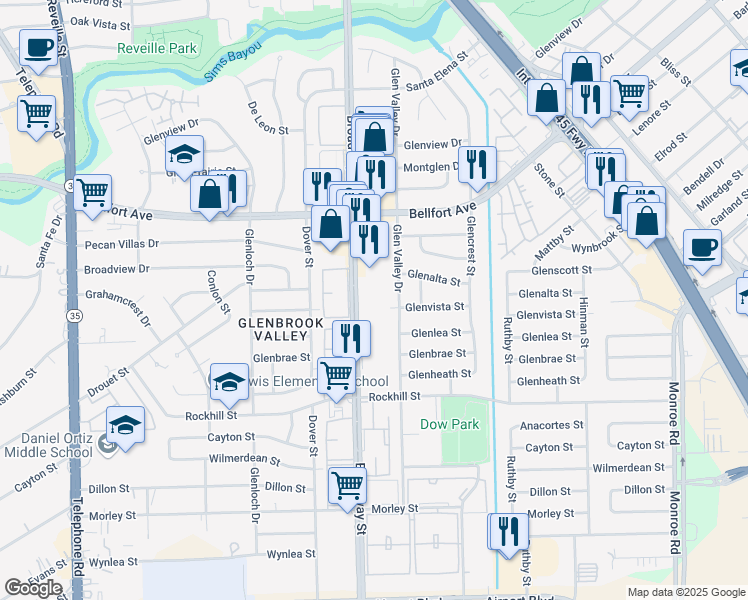 map of restaurants, bars, coffee shops, grocery stores, and more near 7850 Glenvista Street in Houston