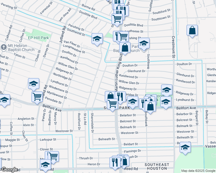 map of restaurants, bars, coffee shops, grocery stores, and more near 5626 Northridge Drive in Houston