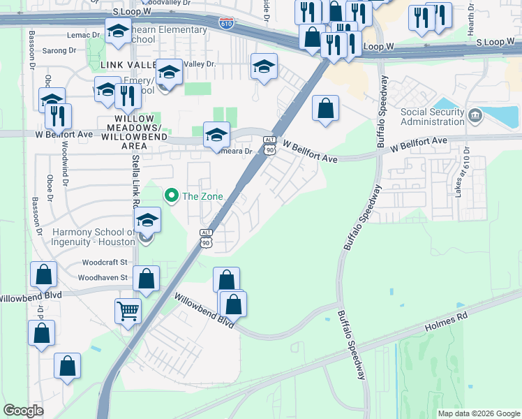 map of restaurants, bars, coffee shops, grocery stores, and more near 3406 Clearview Villa Way in Houston