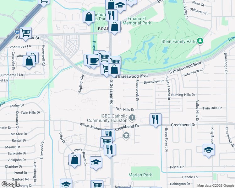 map of restaurants, bars, coffee shops, grocery stores, and more near 10209 South Gessner Road in Houston