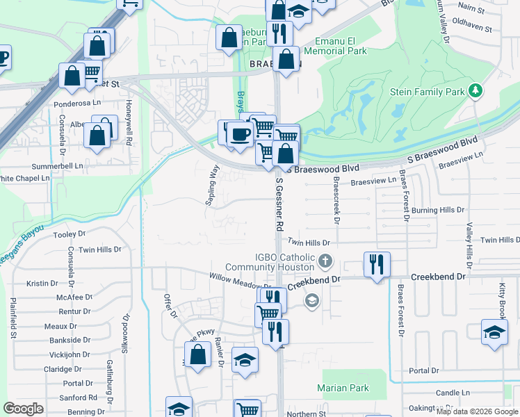 map of restaurants, bars, coffee shops, grocery stores, and more near 10100 South Gessner Road in Houston