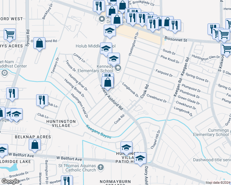 map of restaurants, bars, coffee shops, grocery stores, and more near 12317 South Dairy Ashford Road in Houston