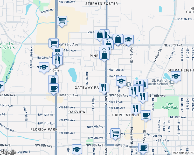 map of restaurants, bars, coffee shops, grocery stores, and more near 709 Northwest 19th Avenue in Gainesville