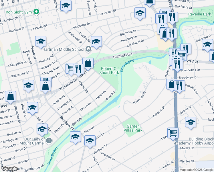 map of restaurants, bars, coffee shops, grocery stores, and more near 7162 Heron Drive in Houston