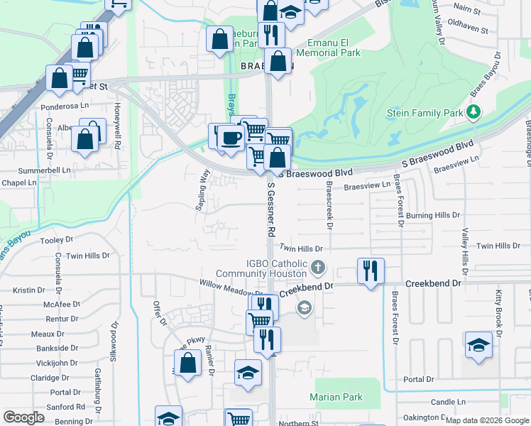 map of restaurants, bars, coffee shops, grocery stores, and more near 10100 South Gessner Road in Houston