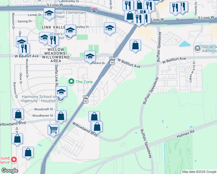 map of restaurants, bars, coffee shops, grocery stores, and more near 3406 Clearview Villa Way in Houston