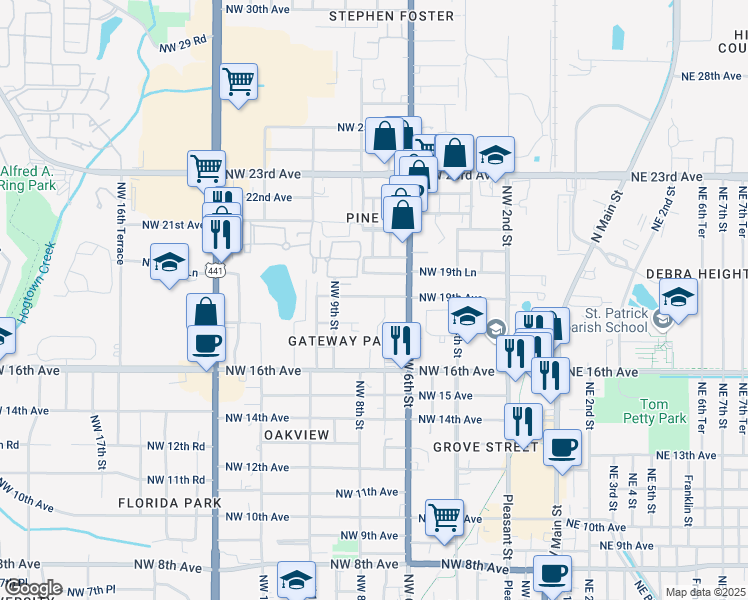 map of restaurants, bars, coffee shops, grocery stores, and more near 1804 Northwest 7 Street in Gainesville