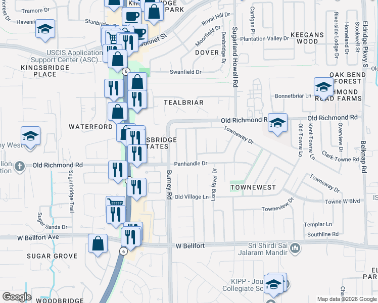 map of restaurants, bars, coffee shops, grocery stores, and more near 10126 Limewood Lane in Sugar Land