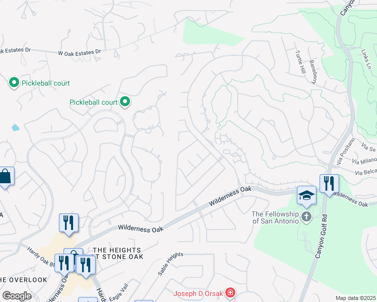 map of restaurants, bars, coffee shops, grocery stores, and more near 24427 Canyon Row in San Antonio