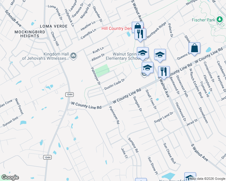map of restaurants, bars, coffee shops, grocery stores, and more near 1643 Dustin Cade Drive in New Braunfels