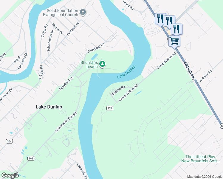 map of restaurants, bars, coffee shops, grocery stores, and more near 340 Rancho Road in New Braunfels