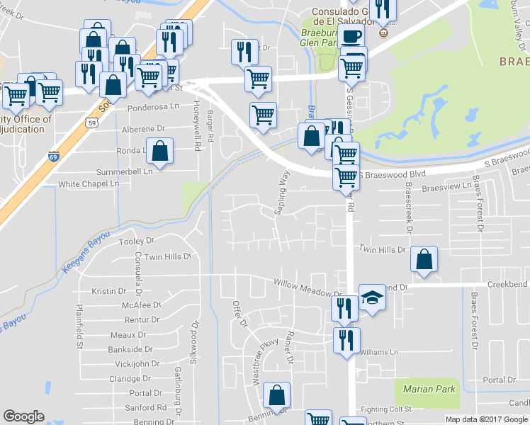 map of restaurants, bars, coffee shops, grocery stores, and more near 8800 Gustine Lane in Houston