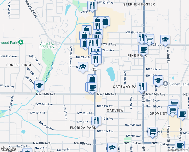map of restaurants, bars, coffee shops, grocery stores, and more near 1359 Northwest 19th Lane in Gainesville