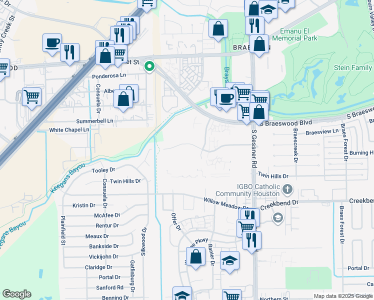 map of restaurants, bars, coffee shops, grocery stores, and more near 8801 Gustine Lane in Houston