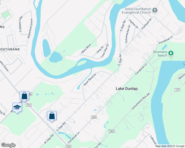 map of restaurants, bars, coffee shops, grocery stores, and more near 427 River Bend Drive in New Braunfels
