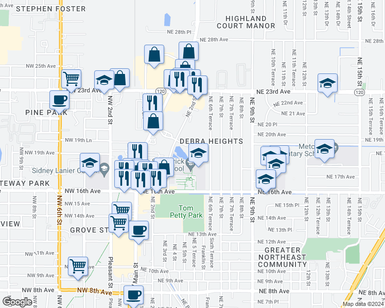 map of restaurants, bars, coffee shops, grocery stores, and more near 1901 Northeast 2nd Street in Gainesville