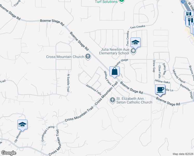 map of restaurants, bars, coffee shops, grocery stores, and more near 8410 Grapevine Pass in San Antonio