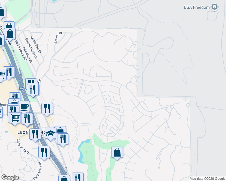 map of restaurants, bars, coffee shops, grocery stores, and more near 16 Denbury Glen in San Antonio