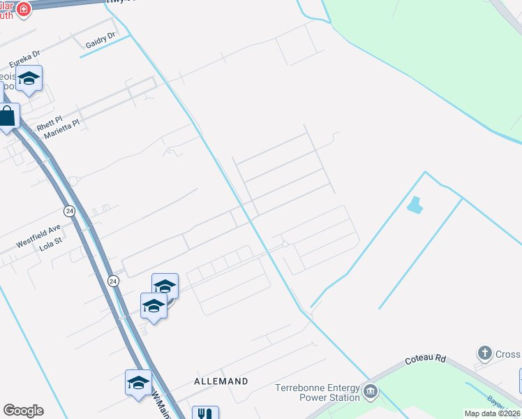 map of restaurants, bars, coffee shops, grocery stores, and more near 429 Sugar Plum Street in Houma