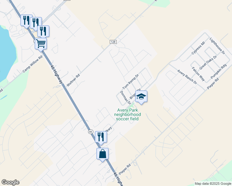 map of restaurants, bars, coffee shops, grocery stores, and more near 509 Tom Kemp Drive in New Braunfels