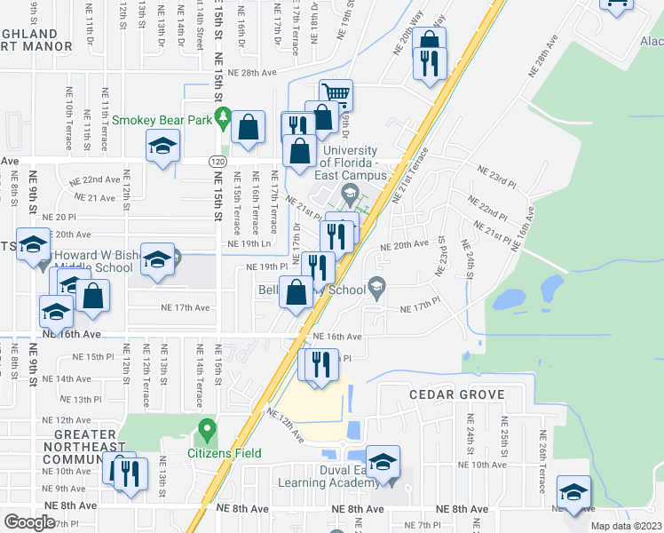 map of restaurants, bars, coffee shops, grocery stores, and more near 1921 Northeast 17th Way in Gainesville